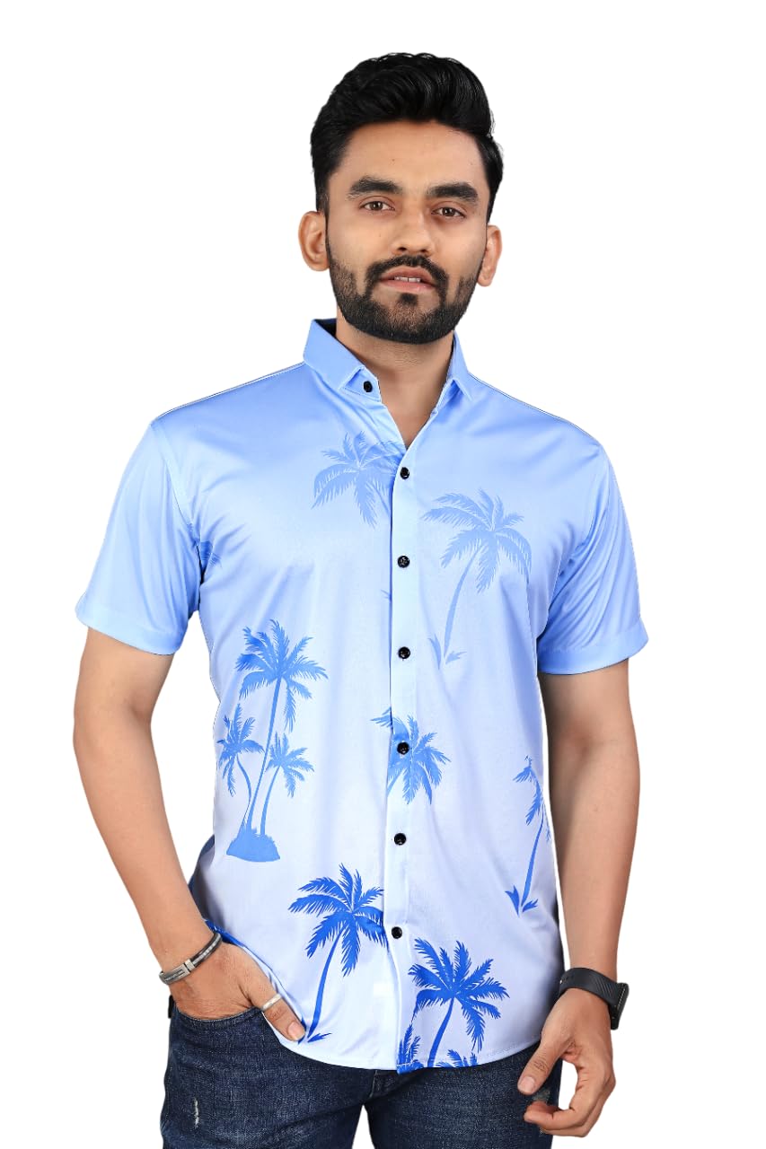 Uiriuy Men's Half Sleeve Tropical Palm Print Shirt – Stylish Beachwear Casual Shirt for Summer (in, Alpha, M, Regular, New_Sky_NARELI.)