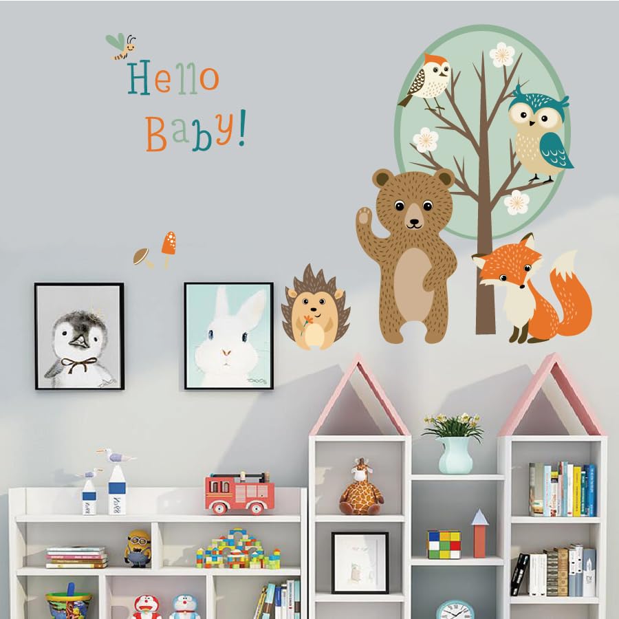 Image of Woodland Animal Wall Stickers for Kids Room | Cute Forest Bear, Fox, Owl & Hedgehog Decals | Peel & Stick Nursery Wall Decor | Tree Stickers for Playroom Bedroom Classroom | Sheet (40x60 cm)