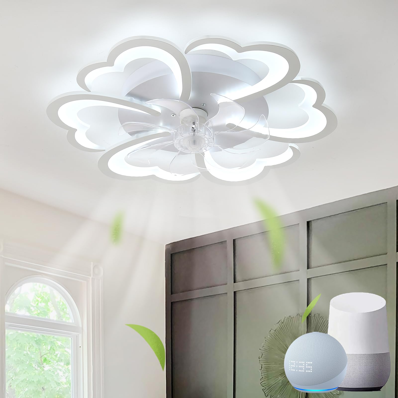 SXDMOUBK Reversible Ceiling Fans with Lights Dimmable Modern Flower Lounge Bedroom Fan Light Ceiling with Remote Control Silent Timer LED Alexa Ceiling Light with Fan for Kitchen
