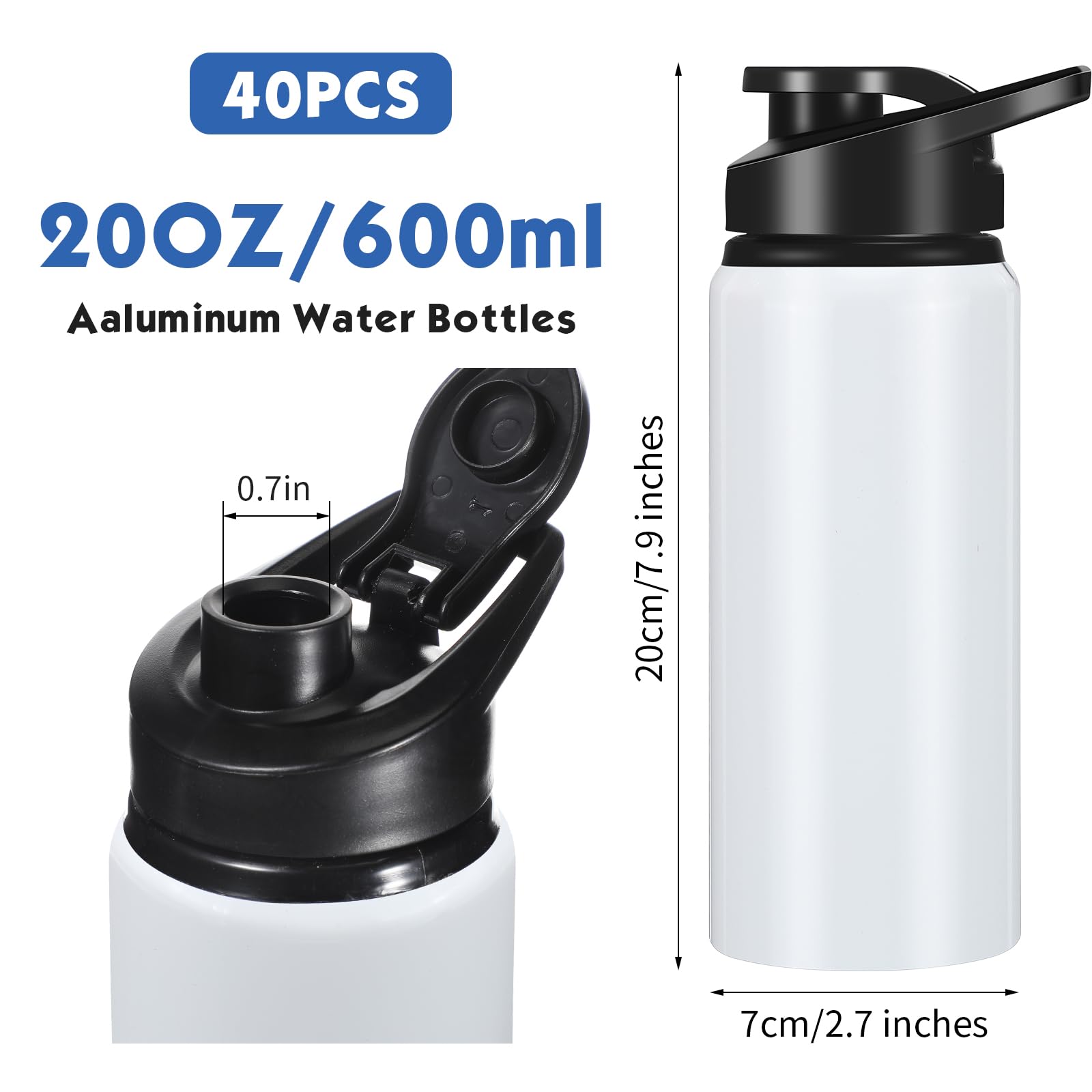 40 Pack Aluminum Water Bottles 20 oz Metal Reusable Bottle Bulk Aluminum Bike Sport Bottle Lightweight Travel Water Bottles with Snap Lids for Gym Sports Camping Hiking Fishing (White)