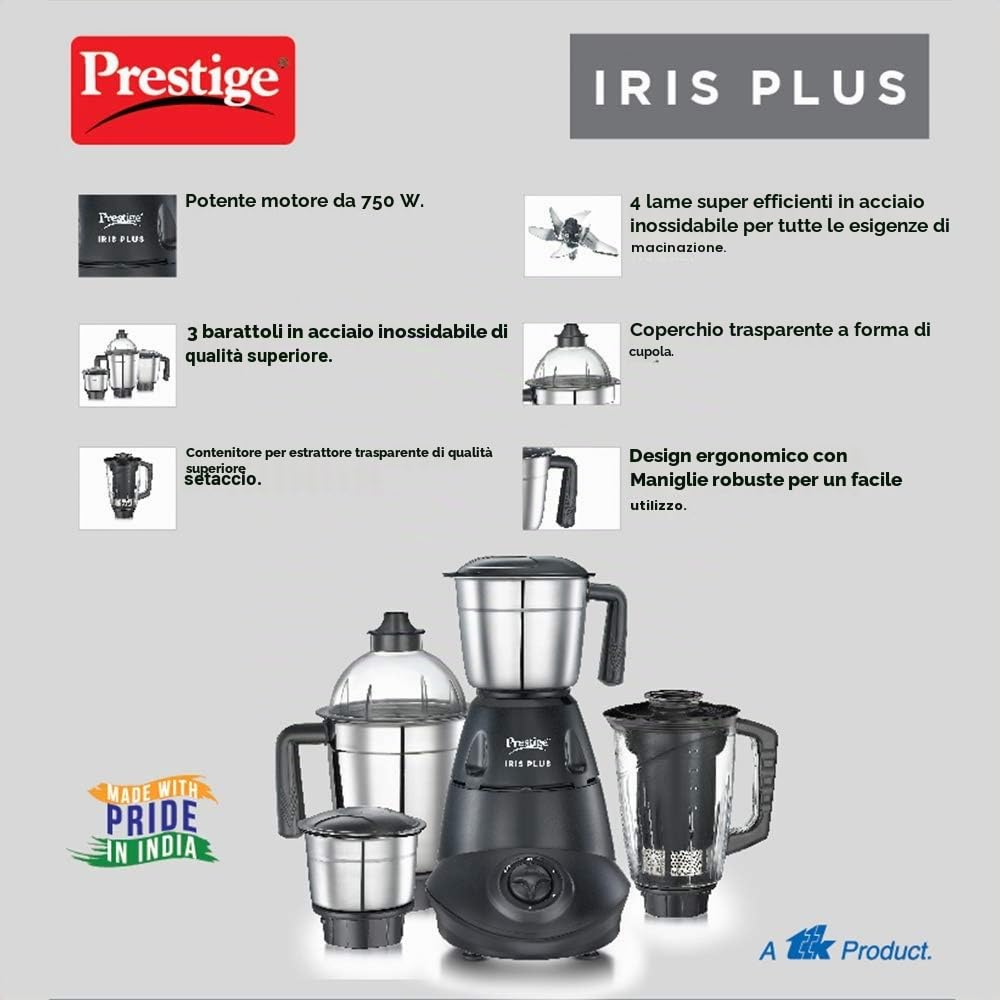 Prestige Iris 750 Watt 4 Jar Mixer Grinder | 3 barattoli multiuso in acciaio inox e 1 barattolo spremiagrumi | Nero | 750W