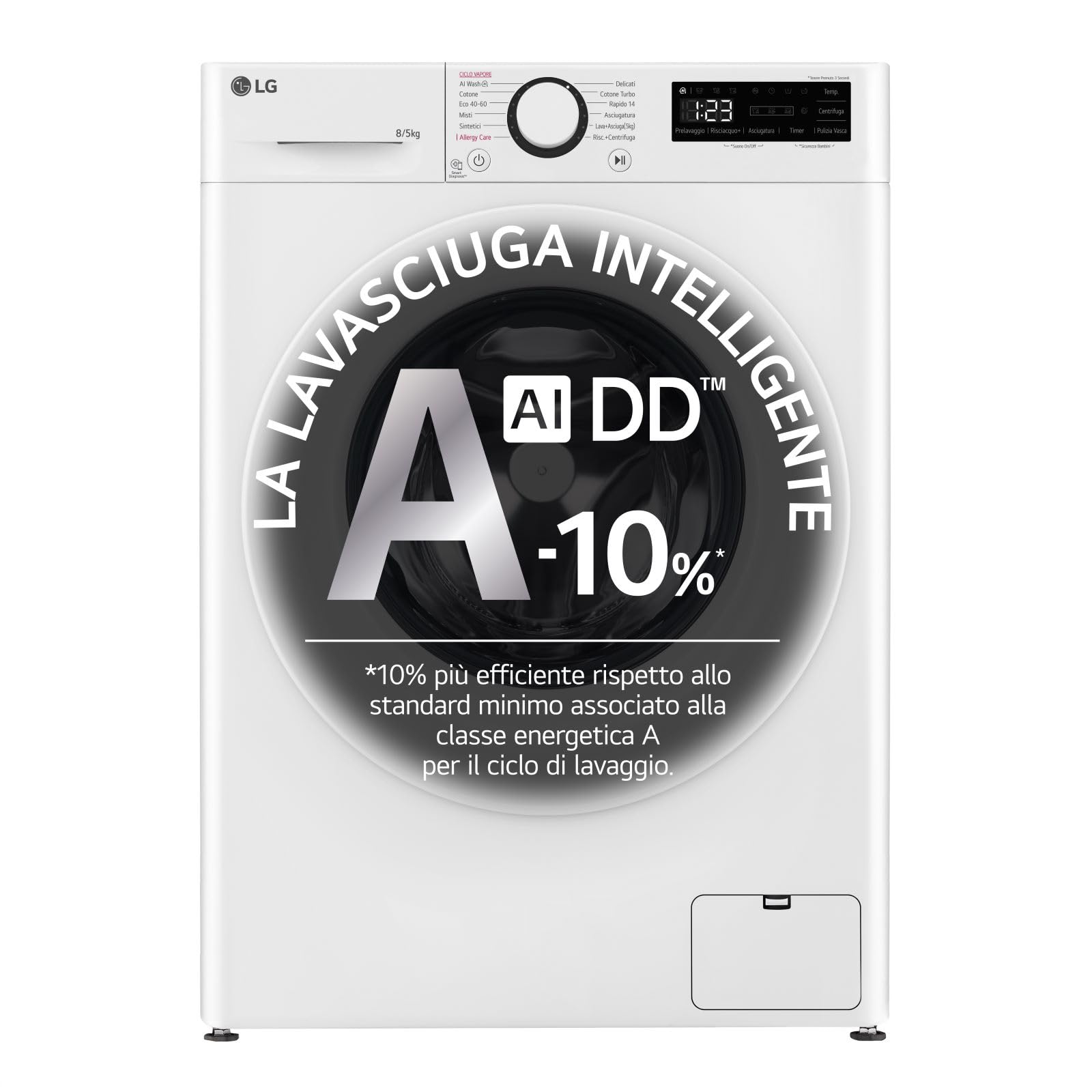LG D2R3S08NSWW Lavasciuga Slim 8/5kg AI DD, Classe E, 1200 Giri, AI Wash, Vapore