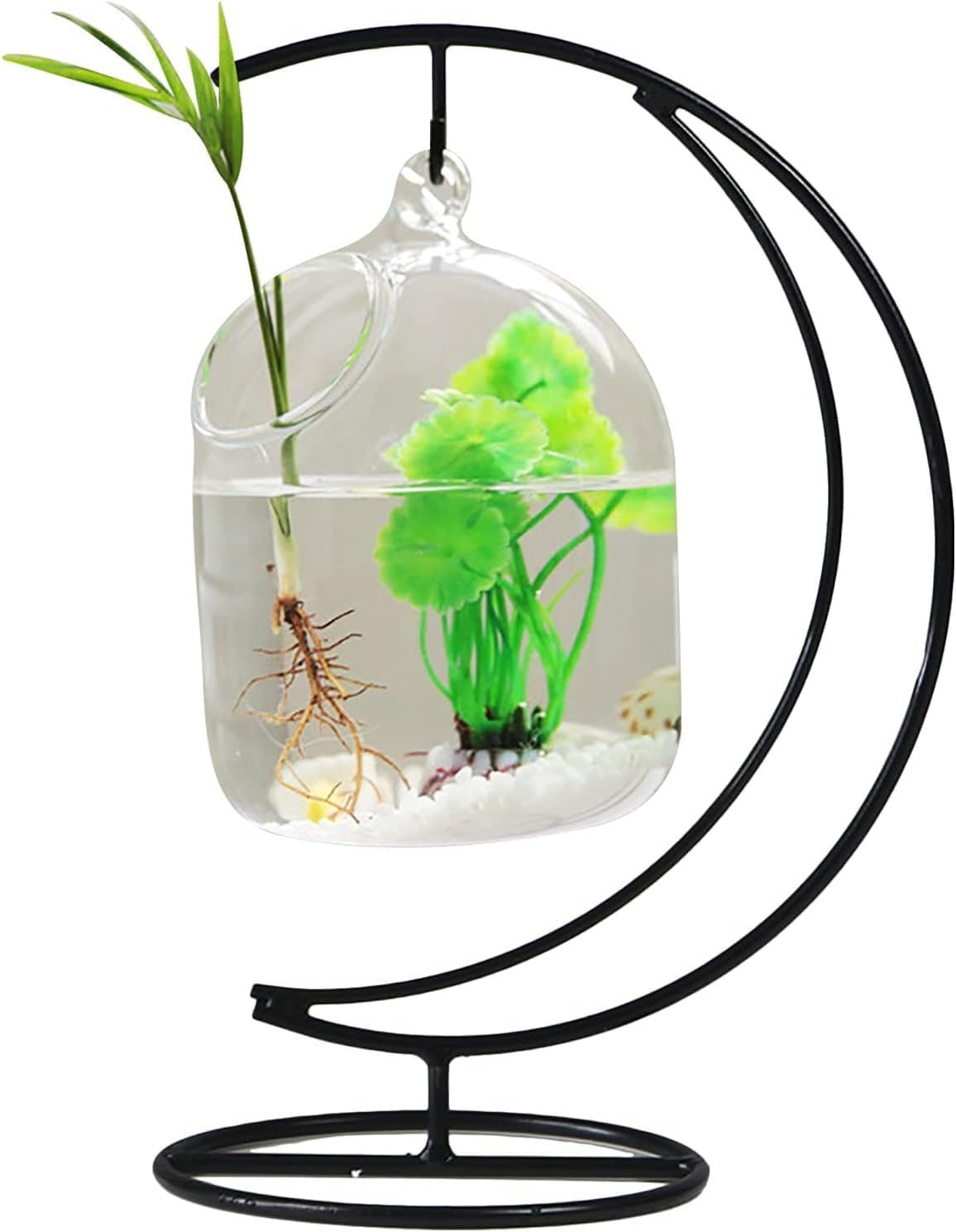 Desktop Hanging Glass Fish Tank Mini Table Aquarium Betta Bowl Clear Cylinder with Iron Stand for Office Home Decor