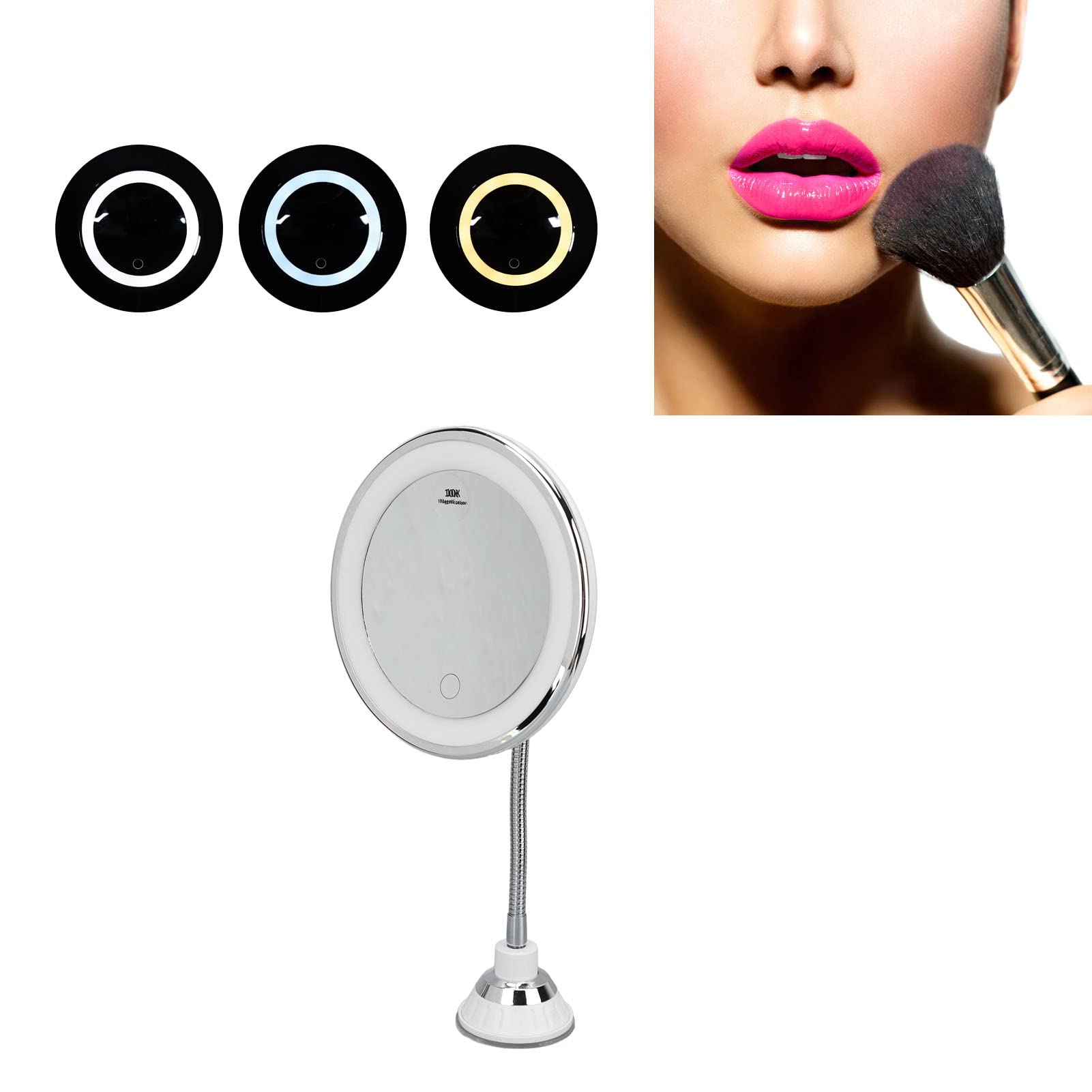 Agatige Specchio illuminato per il trucco con ingrandimento 10x, braccio girevole a 360 gradi, specchio LED a luminosità regolabile con ventosa per casa, bagno, ufficio e viaggi