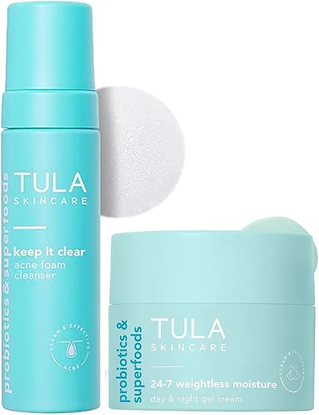 TULA Skin Care Keep It Clear - Acne Foam Facial Cleanser, 6.3 oz + 24-7 Weightless Moisture Hydrating Day & Night Cream - Travel Size, 0.5 oz, 2 Piece Set