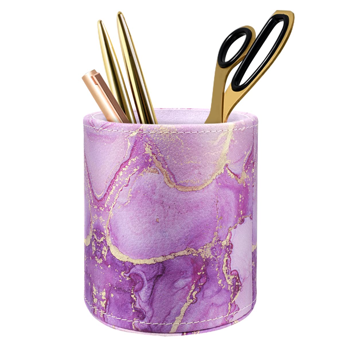 Large Capacity Colored Pen Holder for Desk, Leather Pencil Holder Pen Cup Marker Holder Makeup Brush Holders, Desk Accessories &amp; Workspace Organizers for Home, Office, Purple Marble