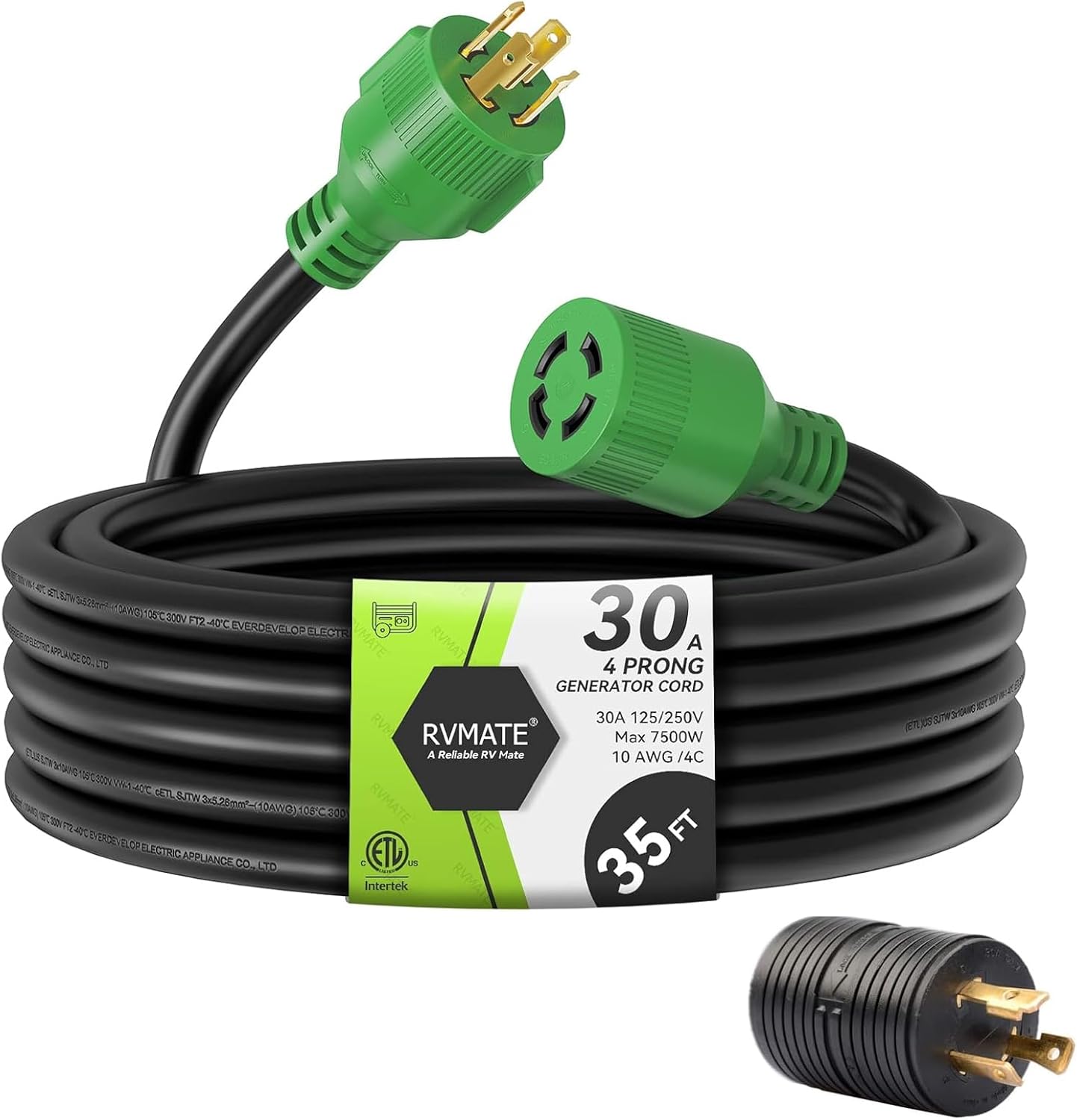 RVMATE 30 Amp Generator Cord 4 Prong 35 Feet, NEMA L14-30P/L14-30R, 125/250V Up to 7500W 10 Gauge SJTW Generator Extension Cord, ETL Listed