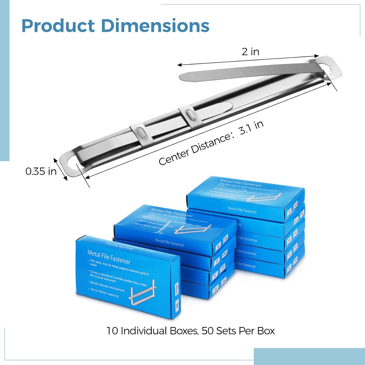 500 Sets Prong Fasteners for File Folders 3.1 Inches Base - 2 Inches Capacity Metal Prong Paper Fasteners, Paper File Clip Folder, 10 Boxes, 50 Sets Per Box, Office Supplies