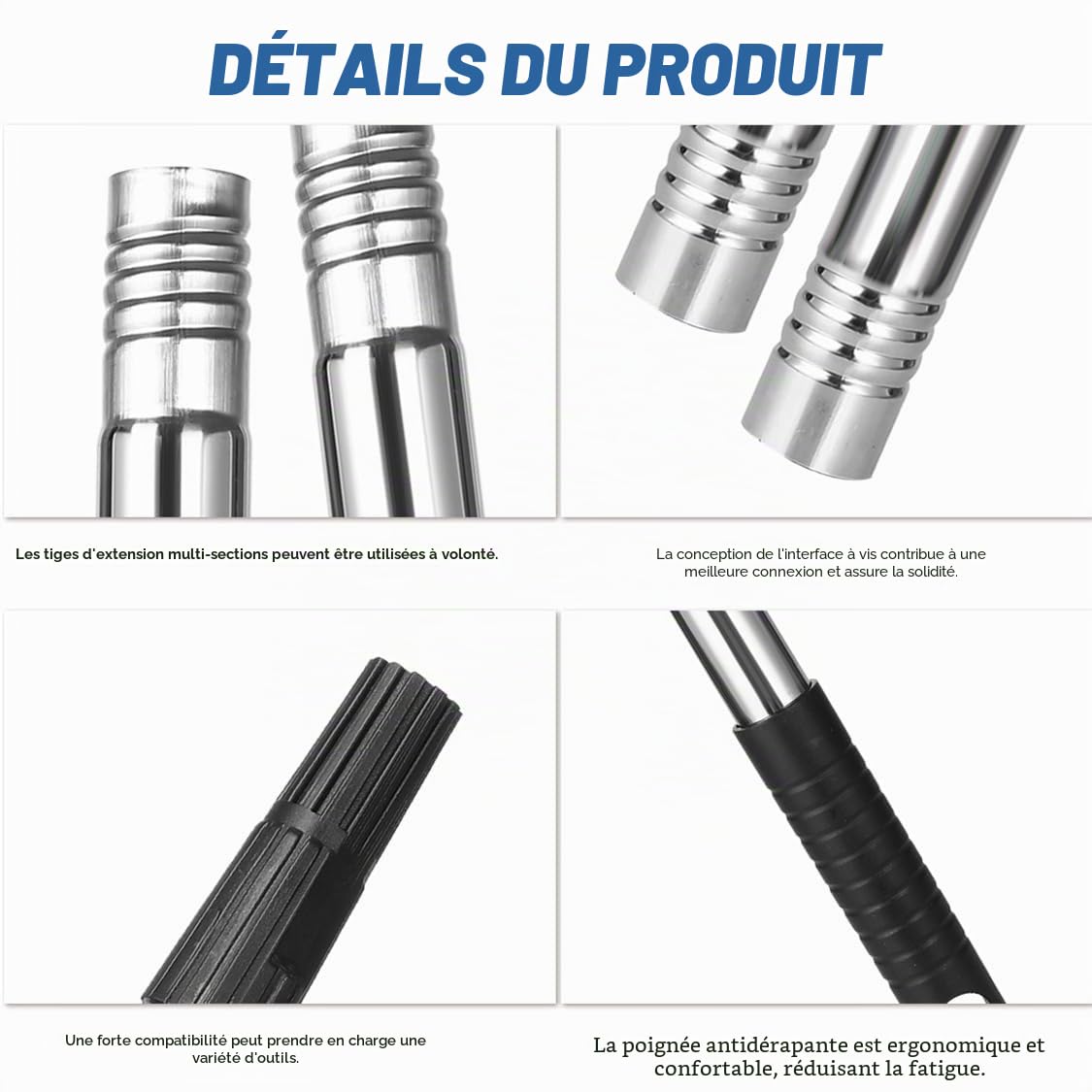 Rouleau de peinture Prolongation de manche en acier inoxydable télescopique en 5 parties avec adaptateur conique pour rouleau de peinture, outils de nettoyage, 40 cm - 180 cm