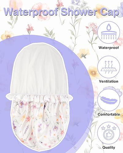 Miniatura 6 de Auban Gorros de ducha, gorro de ducha impermeable para mujer, de pelo largo, doble capa, reutilizable, con forro de PEVA suave y cómodo, no se