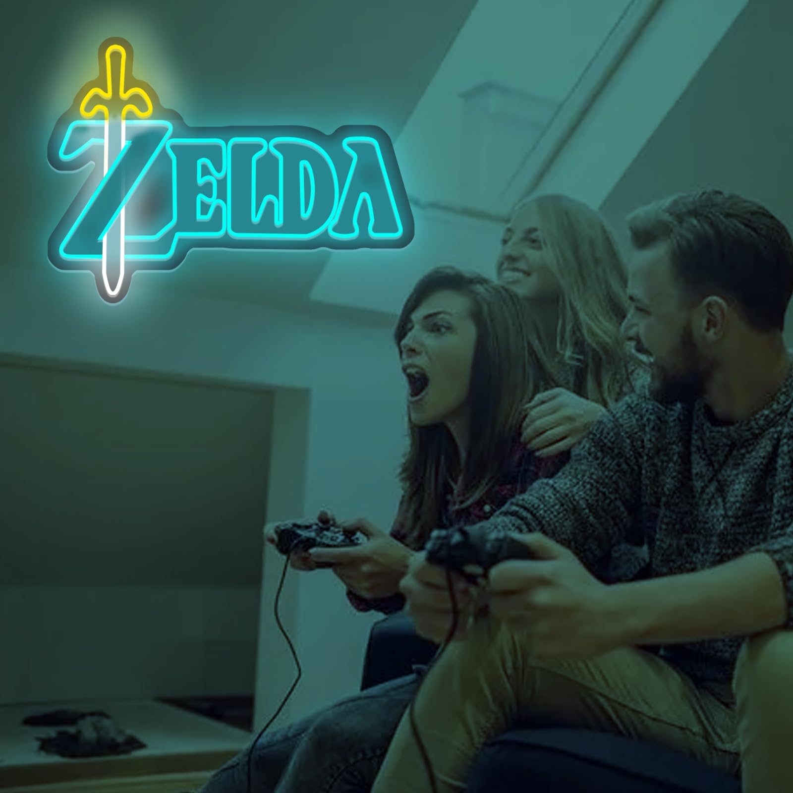 ZELDA Game Elements Logo LED Néon Cadeau pour les amis et la famille Interrupteur d'alimentation USB Lumière réglable Studio d'étude Club Décoration murale Néon 5 V (Jaune + Bleu glacier)