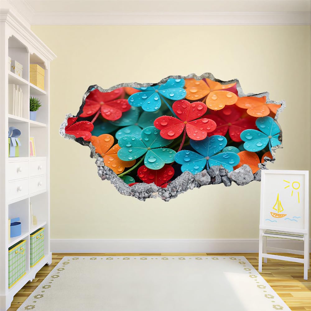 3D Durchbruch Wandtattoo Mädchen Kinderzimmer Vierblättriges Kleeblatt Wandaufkleber Dekorative Farbenfrohe Pflanzen Wandsticker für Junge Teenager Zimmer Wohnzimmer Schlafzimmer Wandbilder Deko