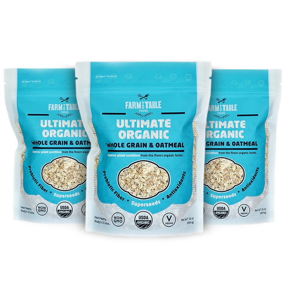 Farm to Table Foods Ultimate Organic Whole Grain Oatmeal – High-Protein, Plant-Based, Unsweetened, Non-GMO – 3-Pack (16 oz. Bags)