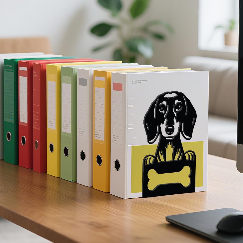 WADORN 1 Pair Dachshund Metal Decorative Bookend for Shelves, Heavy Duty Book Ends Cute Dog Non-Skid Books Holder Stand Black Book Support Stoppers for Desk Bookshelf Office Home, 4.7x3.5x7 inches