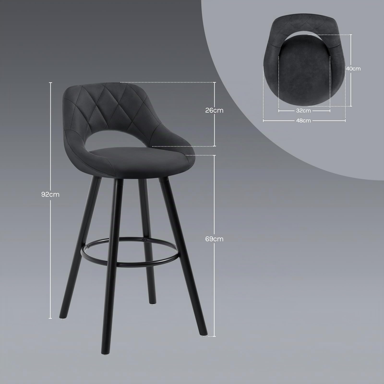 WOLTU Taburete Cocina Alto con Respaldo Ahuecado y Reposapiés, para Bistro, Cafeteria y Cocina, con Funda de Tela Sintética y Patas de Madera, Antracita