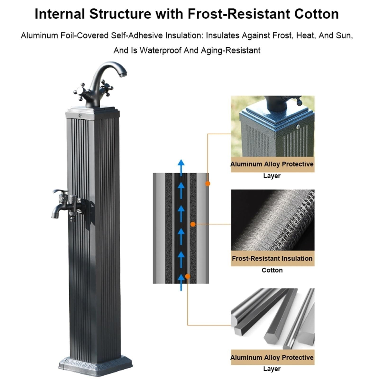 Columna de agua decorativa vertical de aluminio con grifo de doble salida, soporte anticongelante para hidrante de jardín