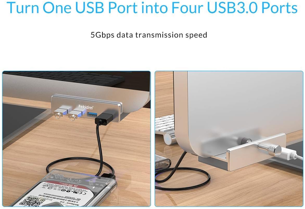USB Hub 3.0 - Rekidm 4 Port Aluminum Desk USB Hub 3.0 Clamp Design for Desktop, Computer, PC, Table Edge with Durable Adjustable Clip, Space-Saving Mountable USB Hub Fast Speed Transfer : Electronics