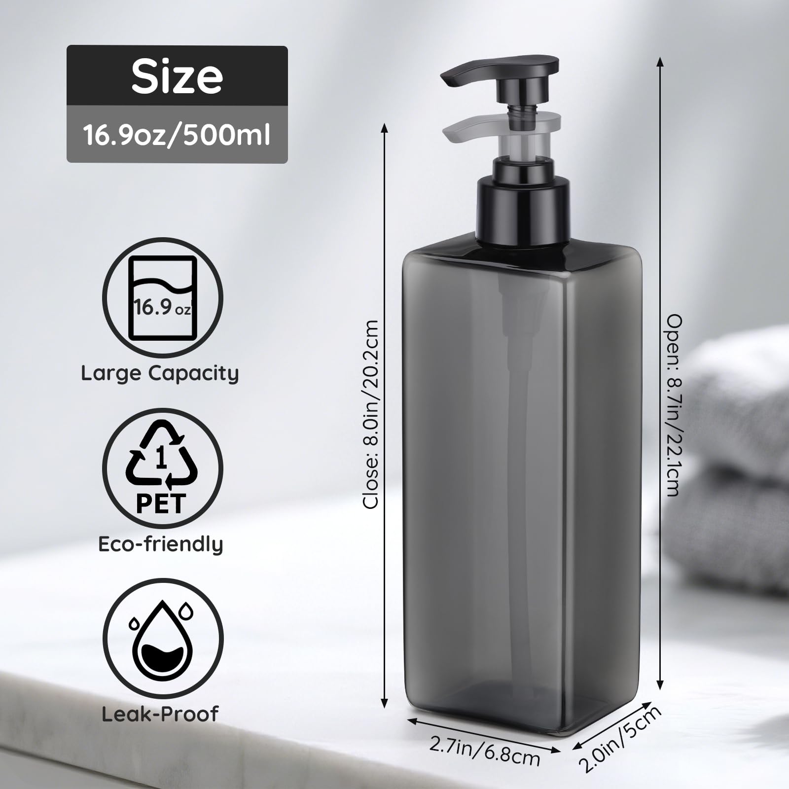 Segbeauty Dispenser Sapone Bagno, 4 Pezzi 500ml Dispenser Bagnoschiuma Doccia, Bottiglie Vuote, Flacone con Adesivi per Bagno, Cucina, Hotel, Ristoranti (Grigio)