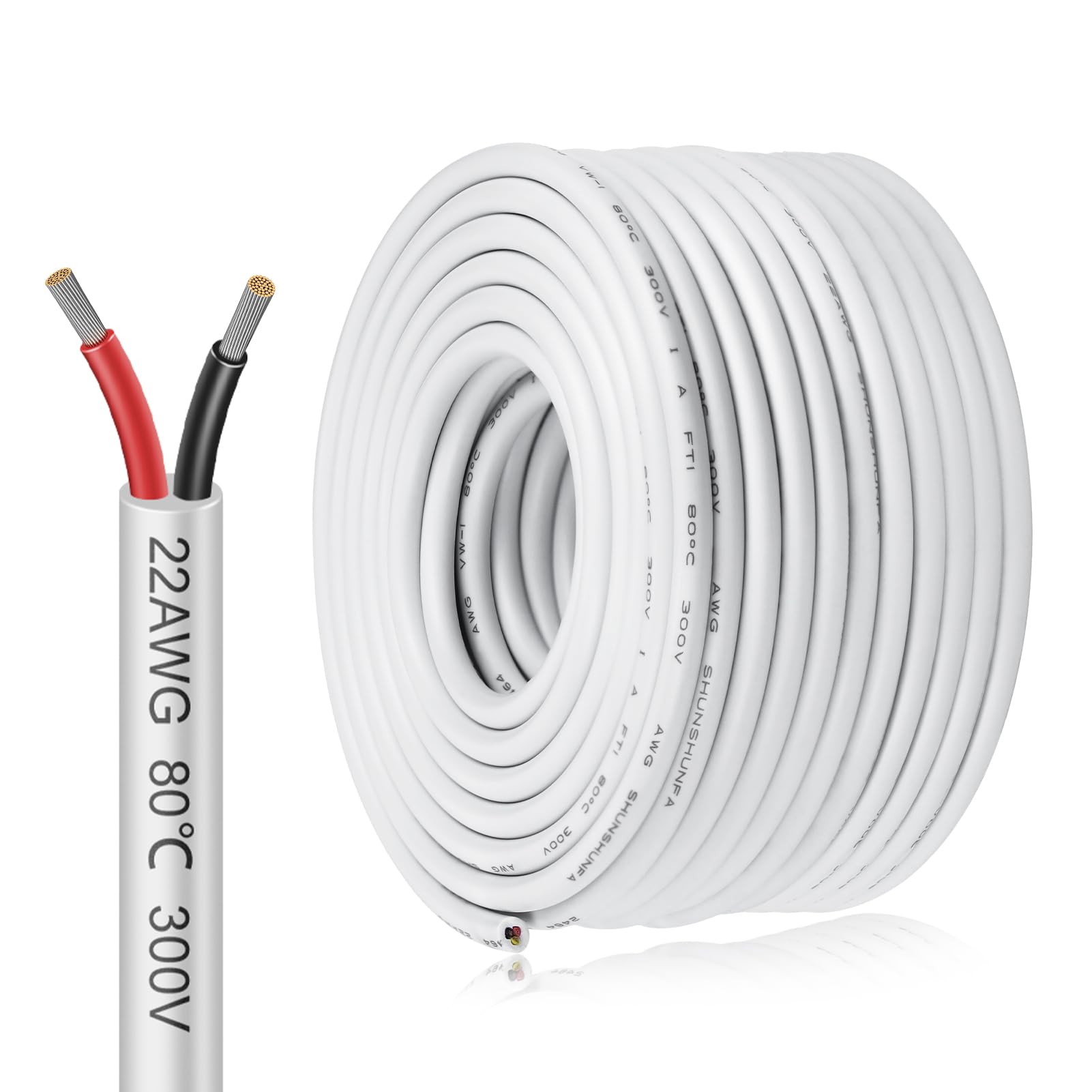 inShareplus 22AWG 2x0.3mm² 30 Meter Electrical Wire 2 Core Cable, 5V/12V/24V White Tinned Copper Wires