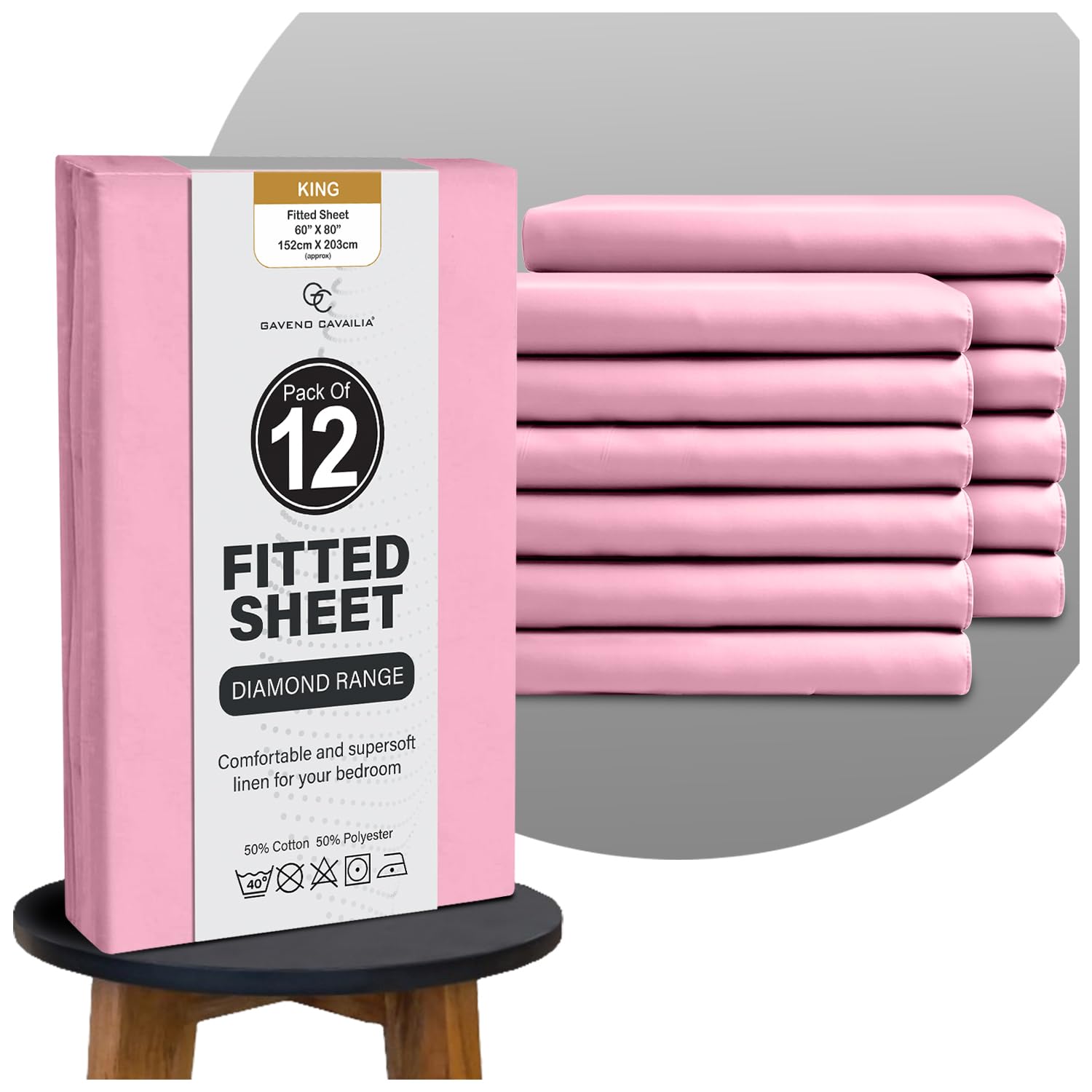 GC GAVENO CAVAILIA Luxury Elasticated Corner Deep Fitted King Size Sheet, Non Iron Extra Deep Breathable King Size Fitted Sheets 12 Pack (25 cm), Ultra Supersoft Polycotton Plain Dyed Bed Sheets, Pink