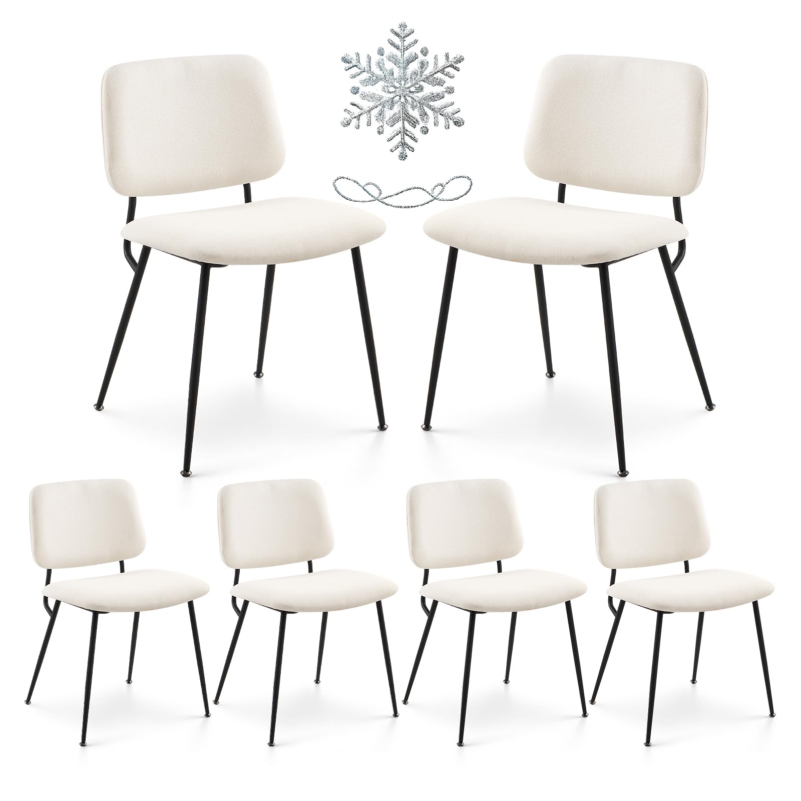 COLAMY Modern Upholstered Dining Chairs Set of 6, Fabric Dining Room Chairs Accent Diner Chair Stylish Kitchen Chairs with Solid Metal Legs and Curved Back, Cream