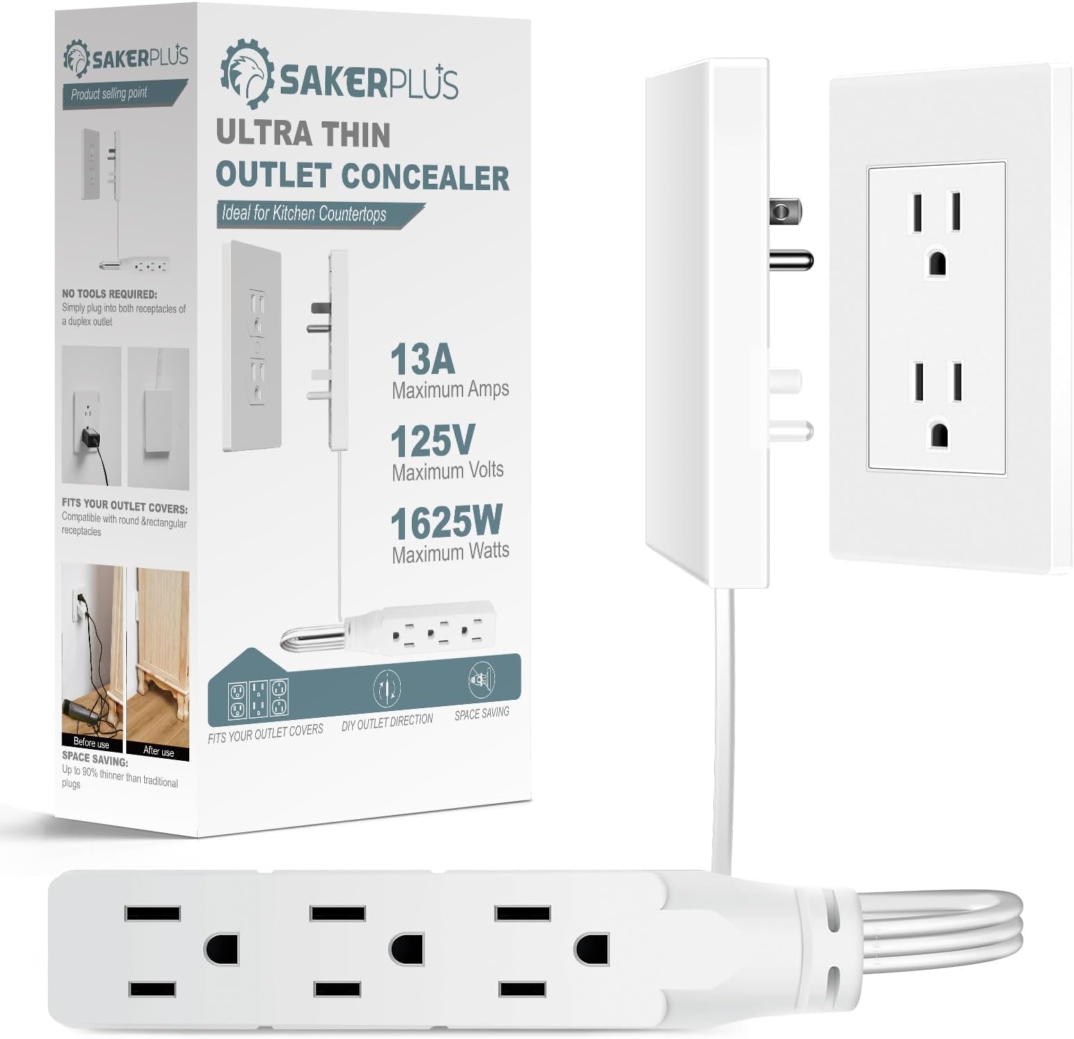 Outlet Concealer Power Strip | 5ft Flat Extension Cord | Ultra-Thin Outlet Cover Extension Cord with 3AC Outlets-,Universal Size,1625W for Kitchen, Home Improvement, Child & Pet Safe