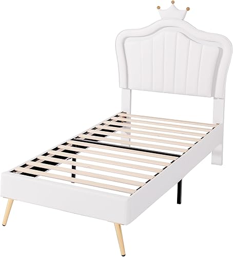 Miniatura 5 de Base de cama LED tamaño Queen, cama de plataforma tapizada con cabecera corona, camas de princesa modernas de piel sintética con luz para niños,