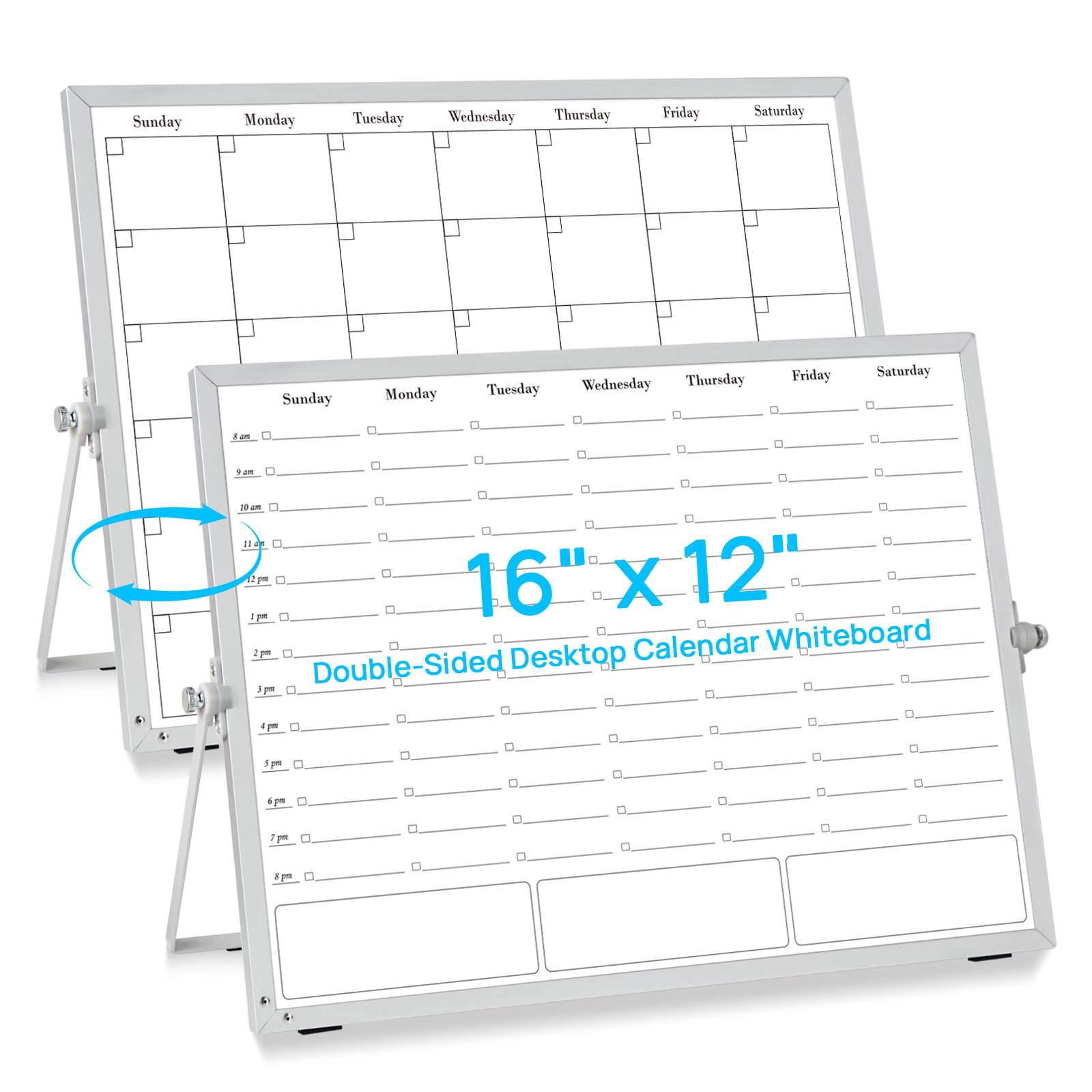 ONAVIA Desktop Whiteboard with Stand, 16"×12" Double-Sided Magnetic Dry Erase Calendar, Weekly Monthly Schedule with Time Slots, Portable for Home,