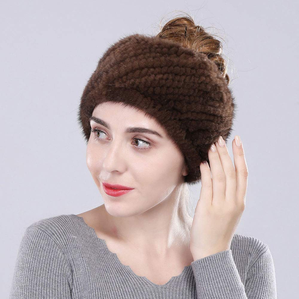 XUYUZUAU Circle Scarf Genuine Mink Hair Headband Women High Elasticity Knit Headwrap Neck Warmer (Coffee)