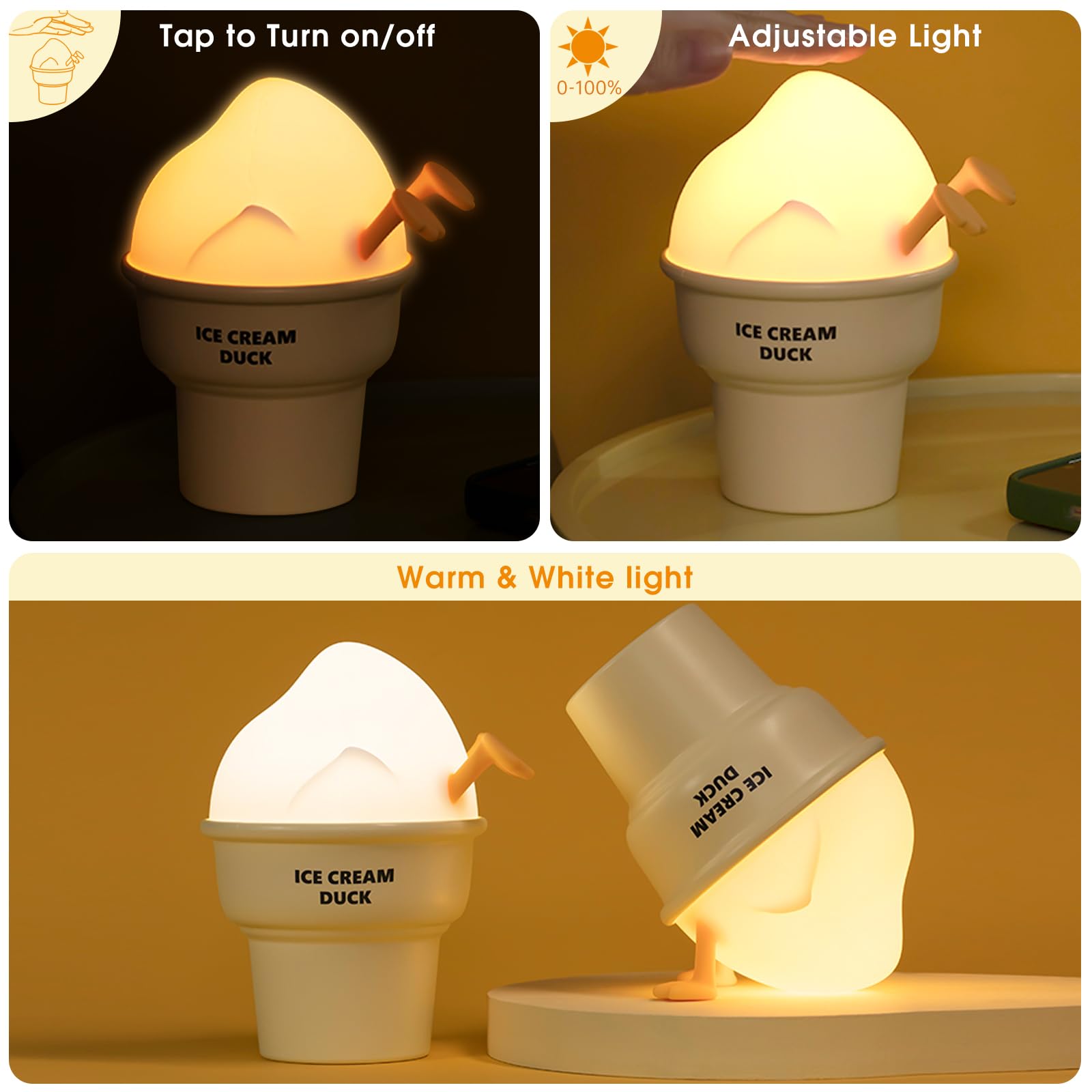 Ice Cream Duck Night Lights for Kids, Night Light with Touch Sensor, Silicone Dimmable Nursery Nightlight for Bedroom, Rechargeable Bedside Lamp for Baby Kids, for Decor Bedrooms, Living Room
