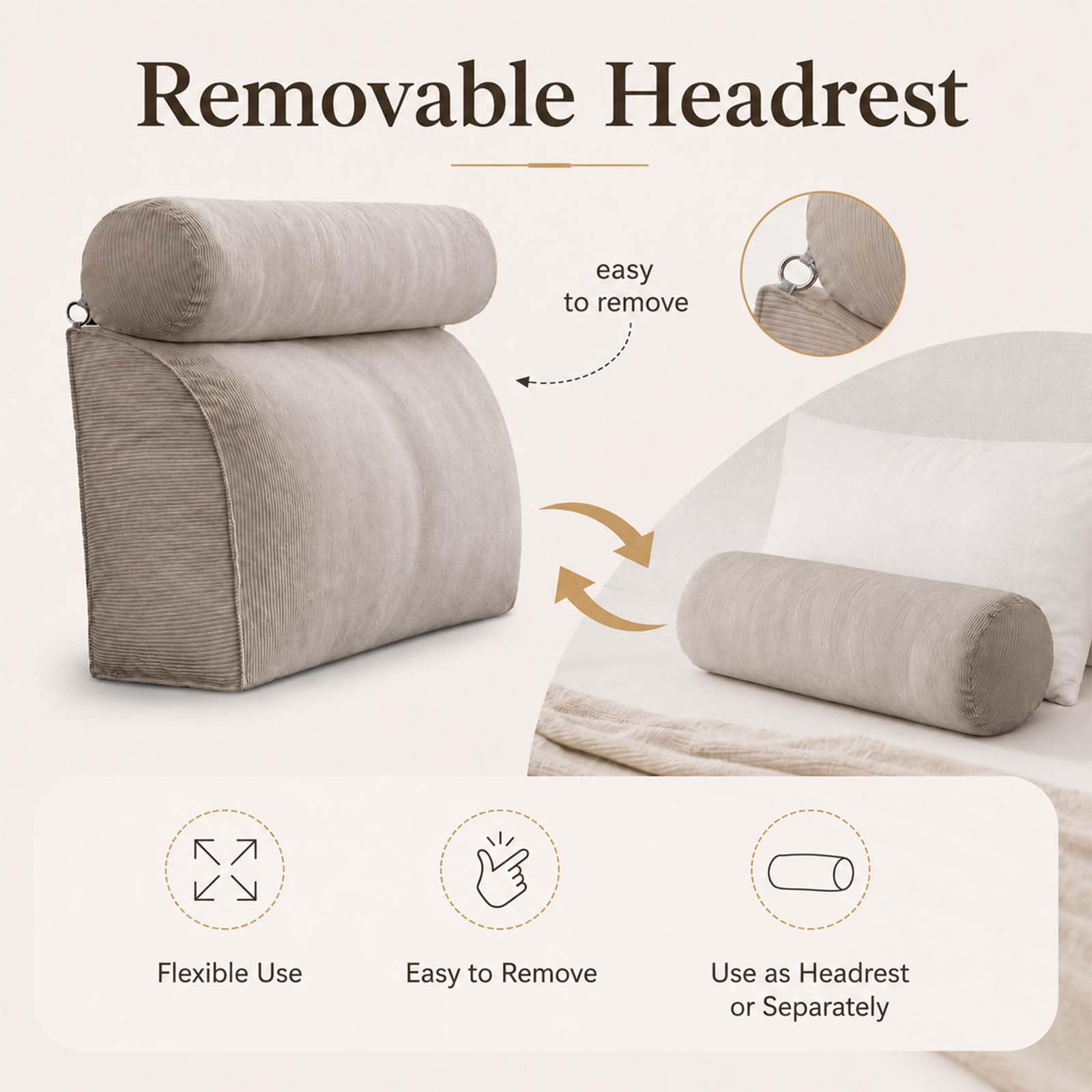 Generico Cuscino da Lettura Letto in Velluto a Coste, Supporto Lombare Ergonomico con Poggiatesta Regolabile e Rimovibile, Ideale per Schiena e Collo, Cuscino Schienale Testiera,Light Gray
