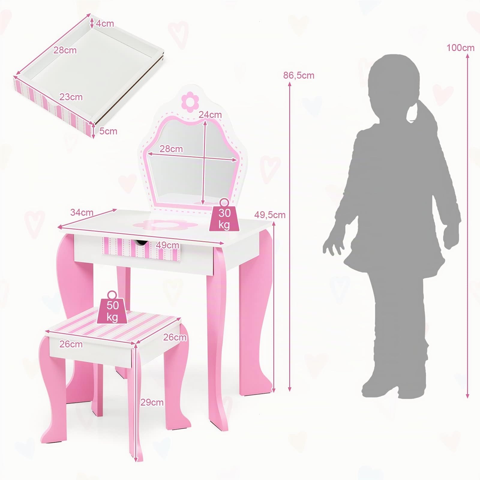 LIFEZEAL Tocador de Maquillaje niña, Tocador con Taburete y Espejo extraíble, Mesa Infantil 2 en 1 con cajón de Almacenamiento, Escritorio de Madera para niña de 3 a 7 años