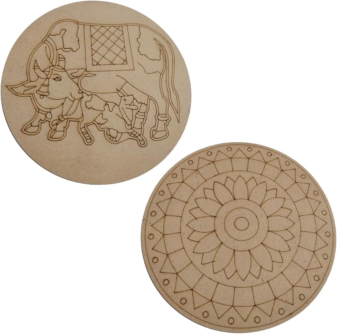 Just Flowers Set of 2 Pre Marked Round MDF Cutouts for Mandala Art, Lippan Art, Madhubani Art, and Painting Art and Craft Projects (MDF, Paining Board 20CM x 3MM)
