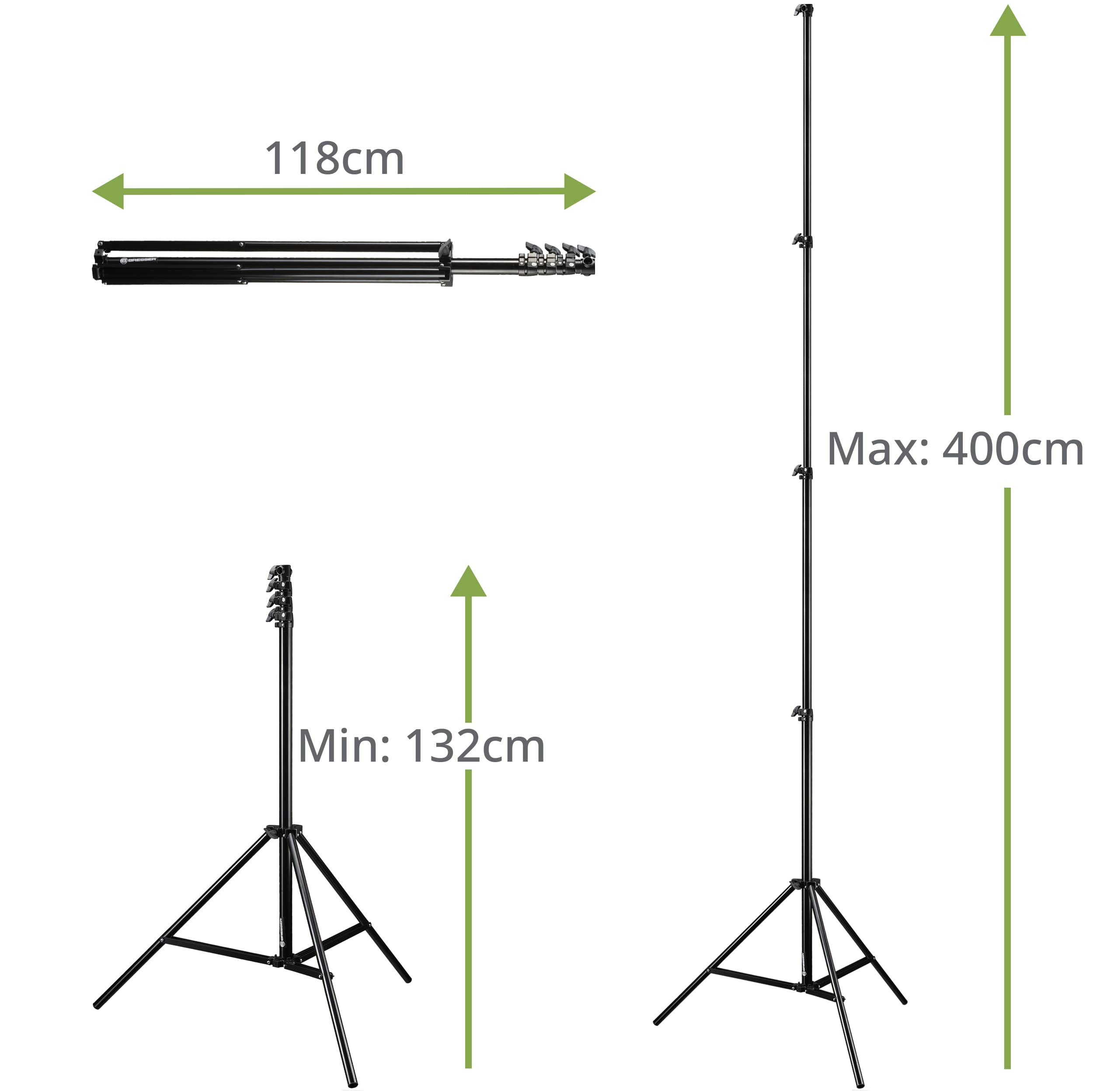 Bresser BR-TP400R Stativo 400cm per Flash da studio / Luce continua | Alluminio, altezza regolabile da 134 a 400 cm, chiuso 118 cm, 4 sezioni, adattatore spigot da 1/4 e 3/8 pollice