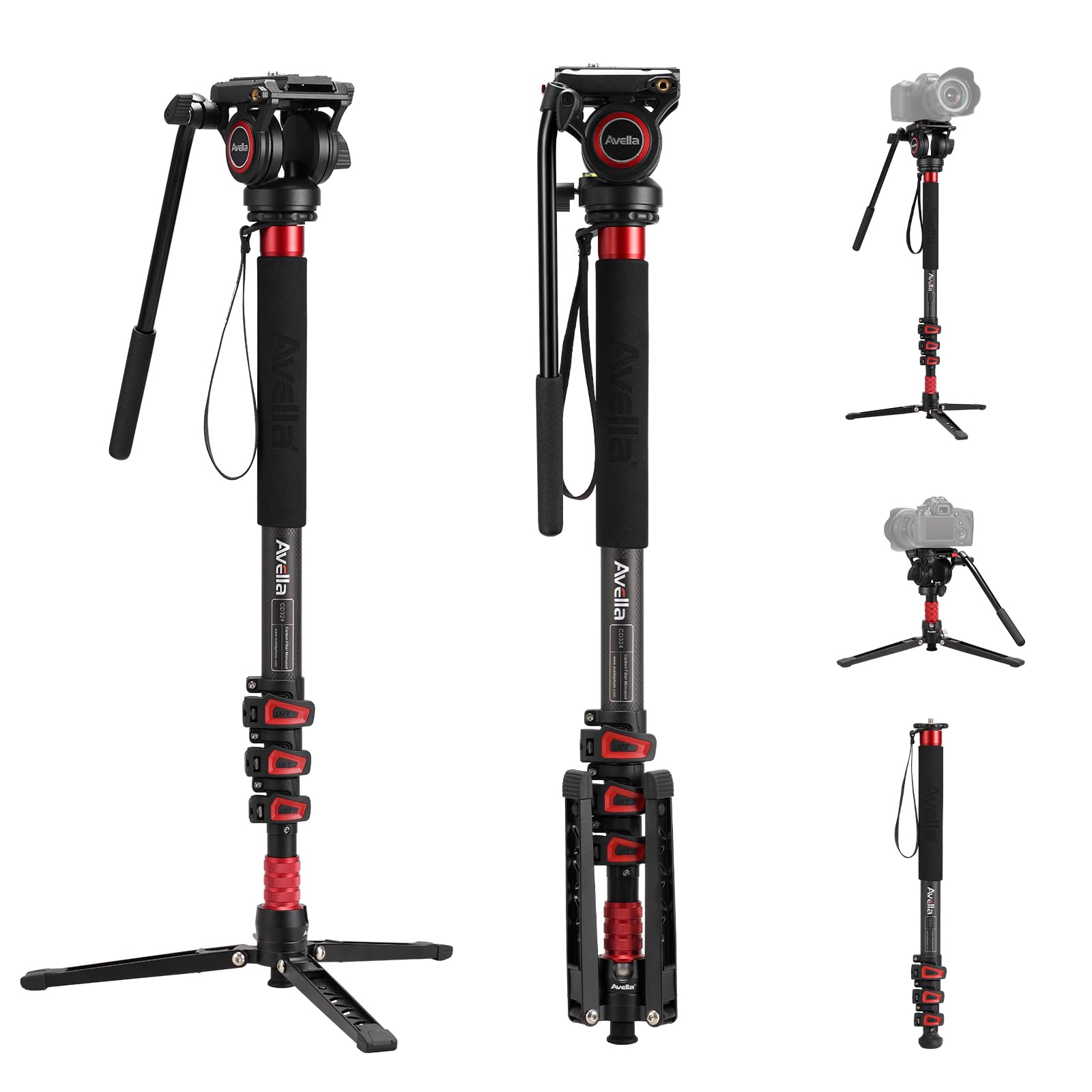 Avella CD324 Carbon Fiber Video Monopod Kit, with Fluid Head and Removable feet, 71 Inch Max Load 13.2 LB for Canon Nikon Sony Olympus Panasonic DSLR Camera