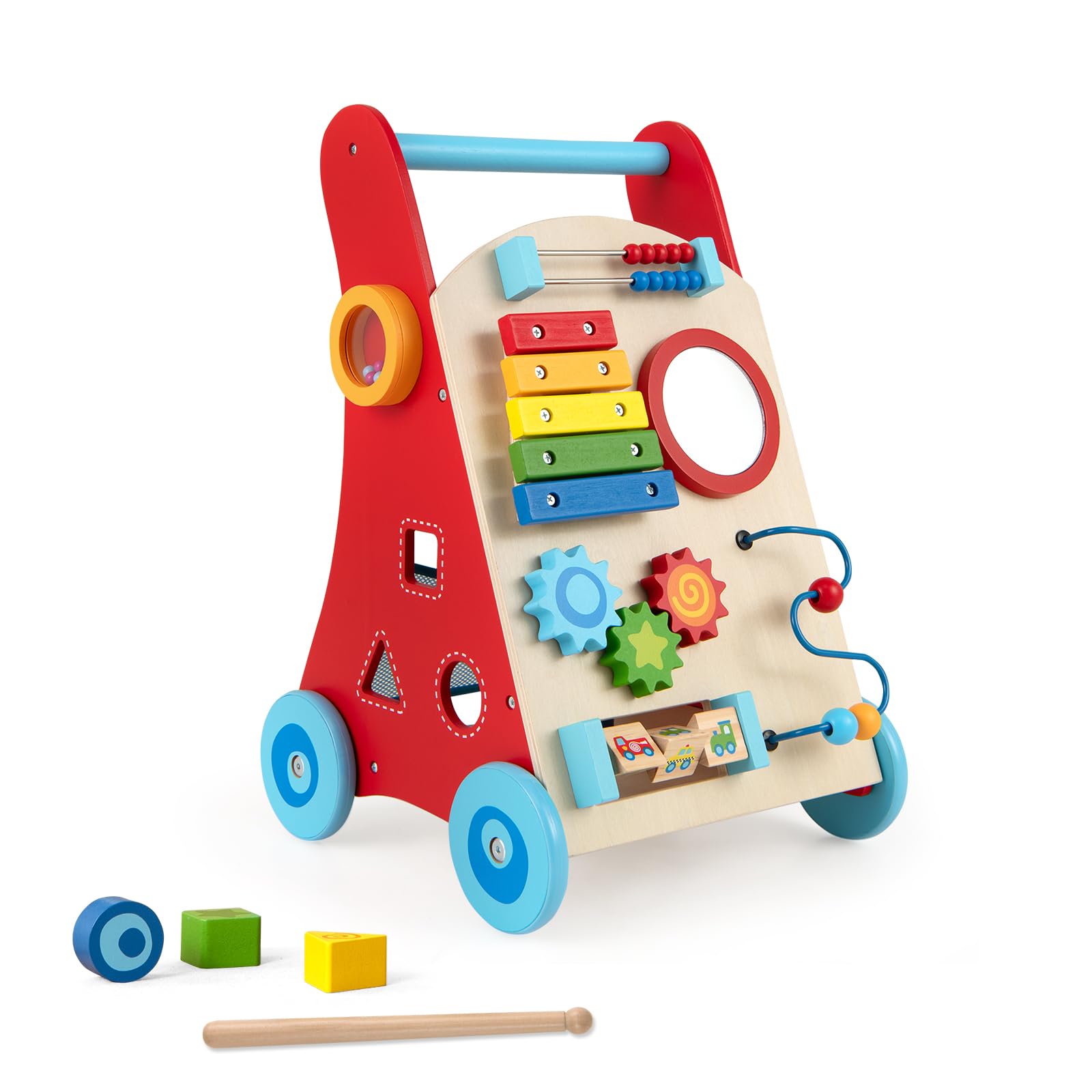 DREAMADE Lauflernwagen Holz, Lauflernhilfe ab 1 Jahr, Baby Gehhilfe mit Spiegel & Spielzeug, Gehfrei Baby Holzspielzeug für Jungen & Mädchen (Modell 8-Rot)