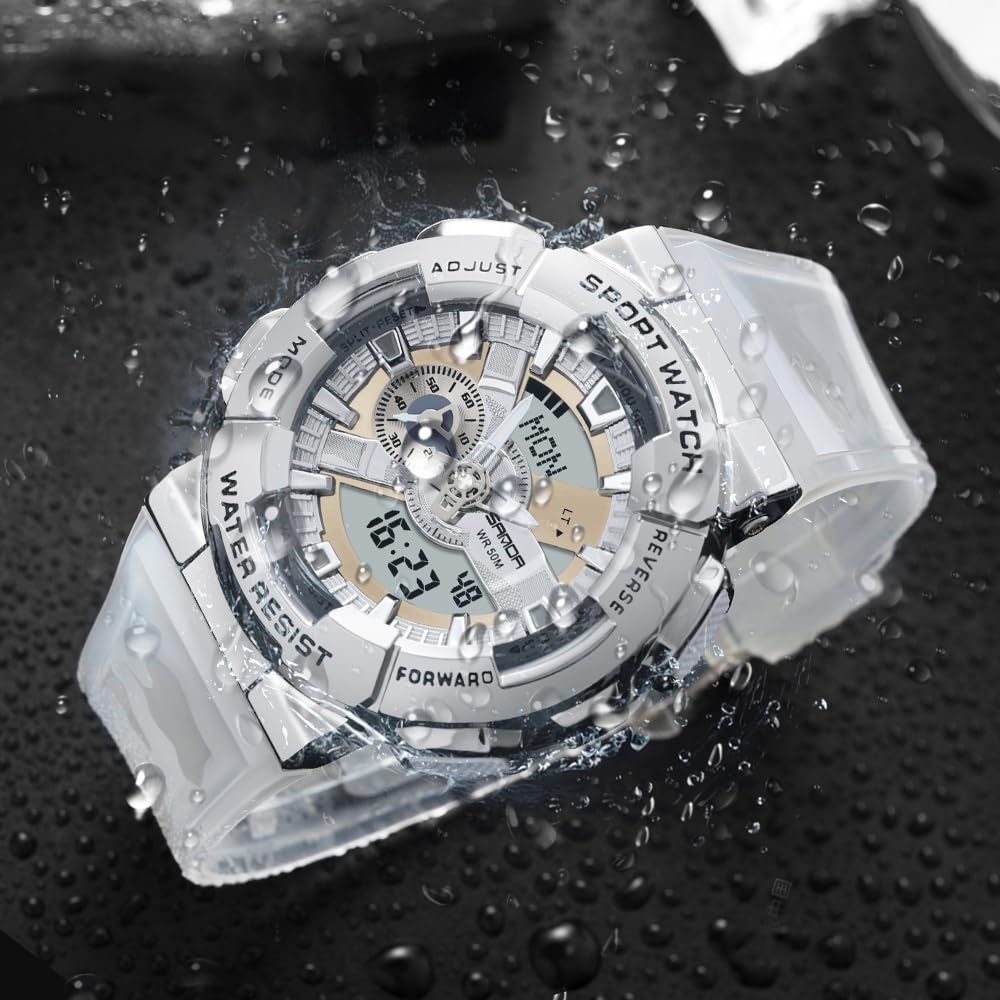 MASTOP Montre pour homme couleur arc-en-ciel analogique numérique étanche 5 ATM, contraste élevé, noir brillant, montre militaire d'extérieur rétroéclairée