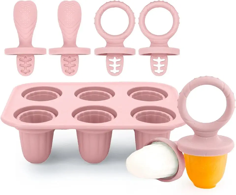 Molde de picolé de gelo para bebês, 6 x 17 ml mini picolés de gelo com palitos de dentição para crianças, sem BPA, seguro para crianças, molde de picolé pequeno (rosa)