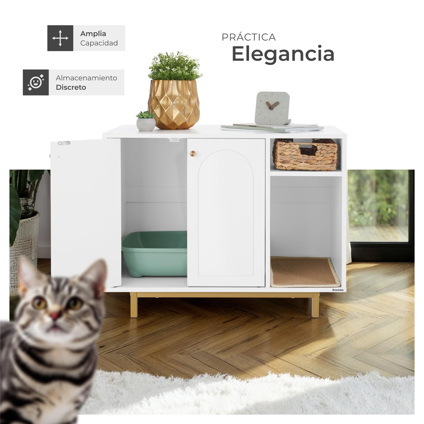 tectake® Mueble arenero Gatos 2 en 1 con Entrada Lateral y Puertas magnéticas, Compartimento Integrado, Alfombra arenero Gato, para Caja de Arena Gatos - Blanco/Dorado