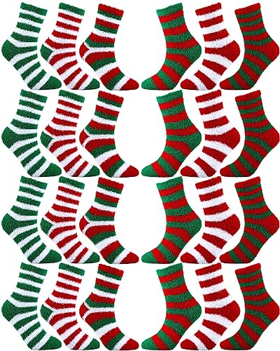 Hercicy 12 Pairs Christmas Fuzzy Socks for Women Striped Cozy Plush Slipper Socks Fluffy Socks Warm Soft Sleeping Socks for Winter Holiday Indoor Home