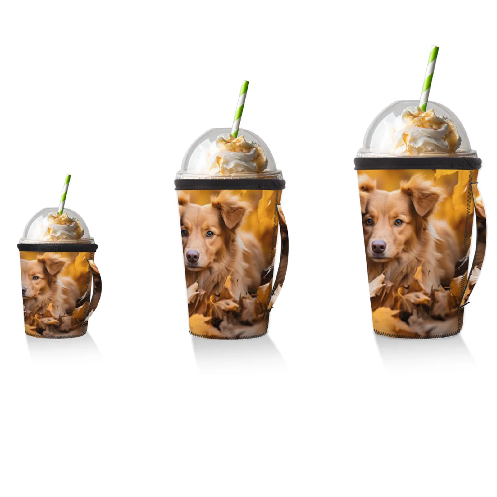 Deciduous Dogs Reusable Neoprene Coffee Sleeve with Handle Insulated Iced Coffee Cup Holder Reduces Condensation Fits 24-28 oz Cups M