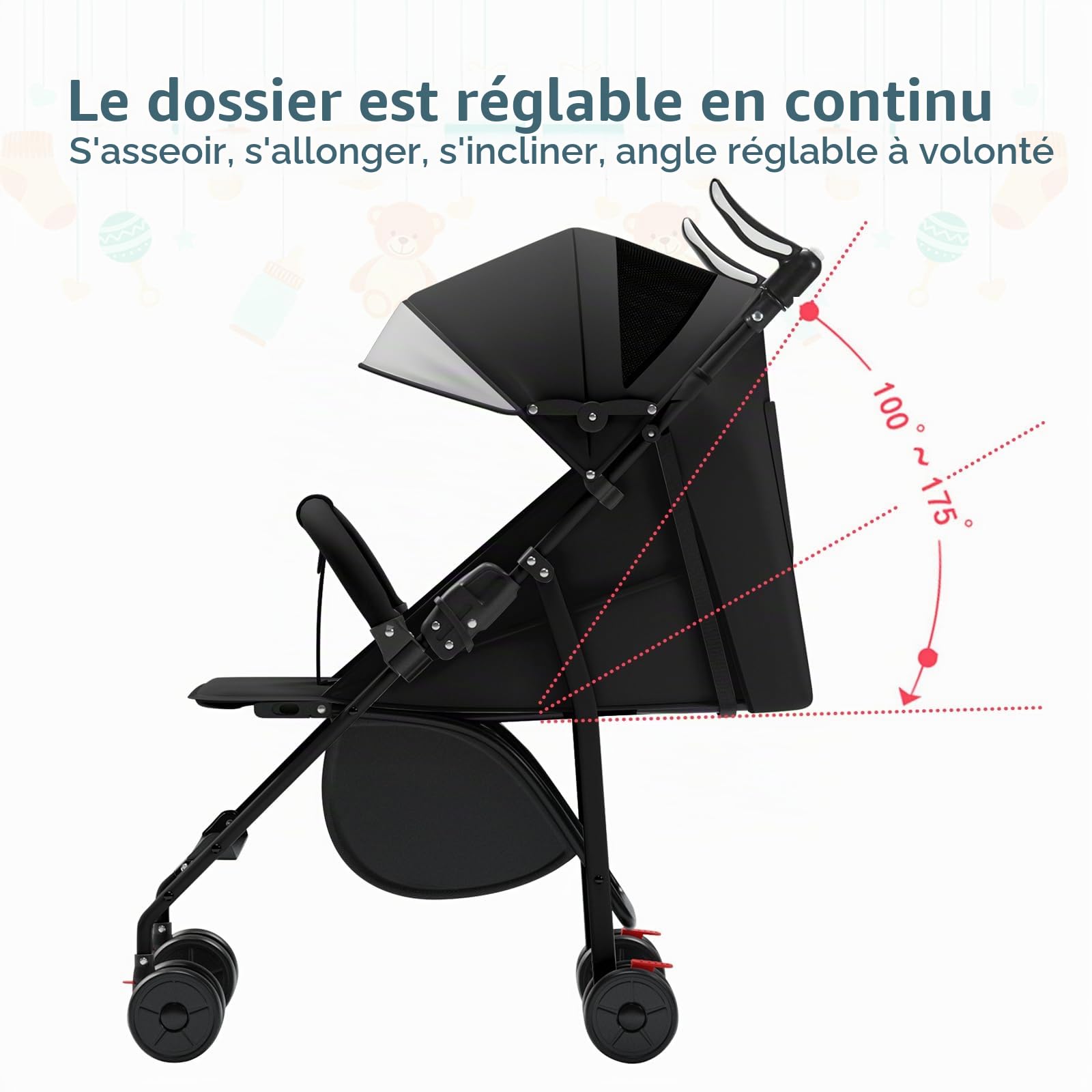 Poussette avec dossier réglable, de 6 mois à 4 ans, pliable, poignée réglable, jusqu'à 10 kg (noir)