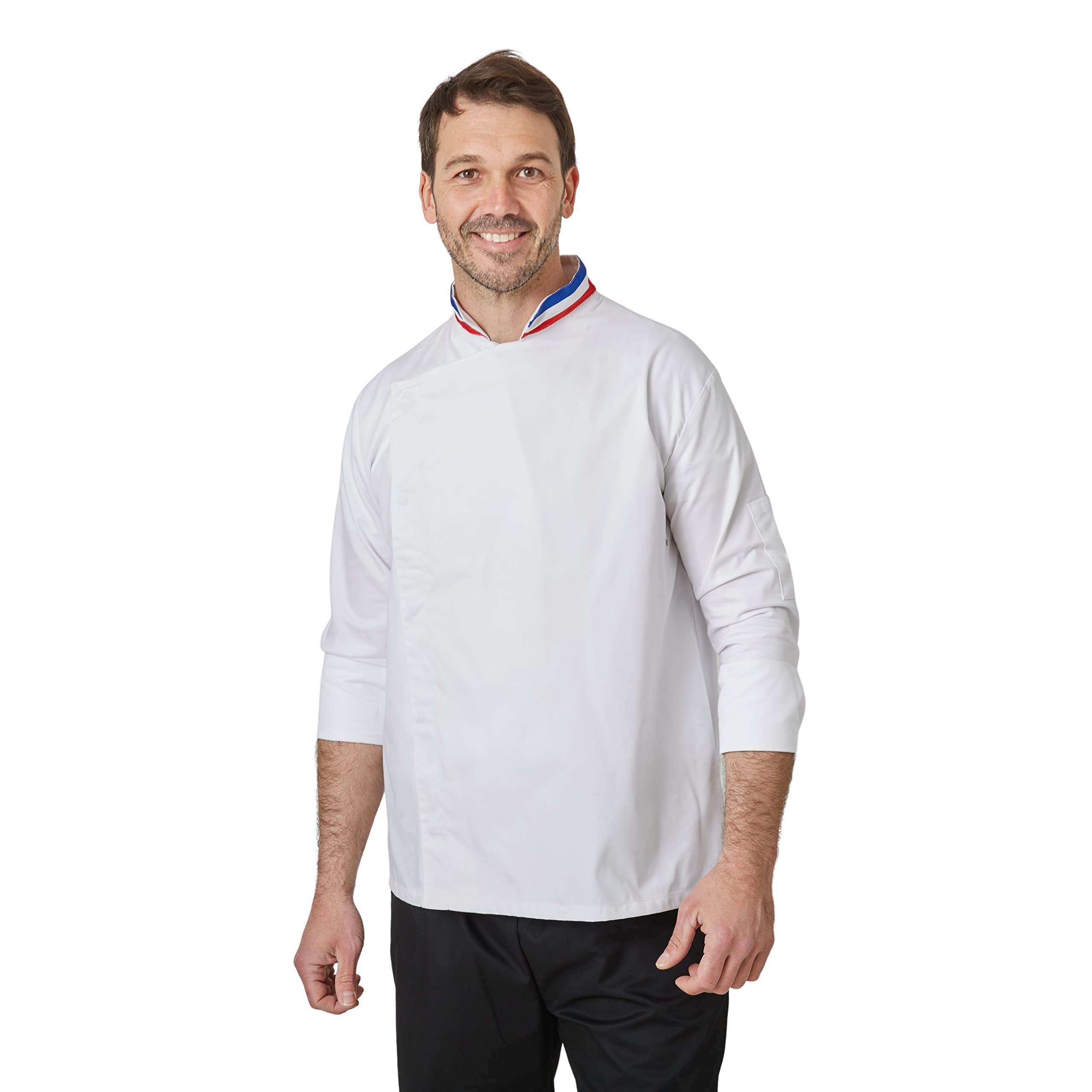 Veste de Cuisine Col Bleu Blanc Rouge Manches Longues Sergé 210 gramme Couleurs Blanc Pressions inoxydables Lavage Machine 90 degrés ou Industriel