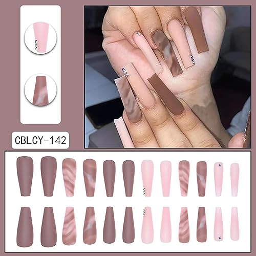 Miniatura 2 de Uñas postizas extralargas a presión tipo ataúd, uñas postizas de otoño para mujeres con diseños marrones, cobertura completa, pegamento en las uñas,