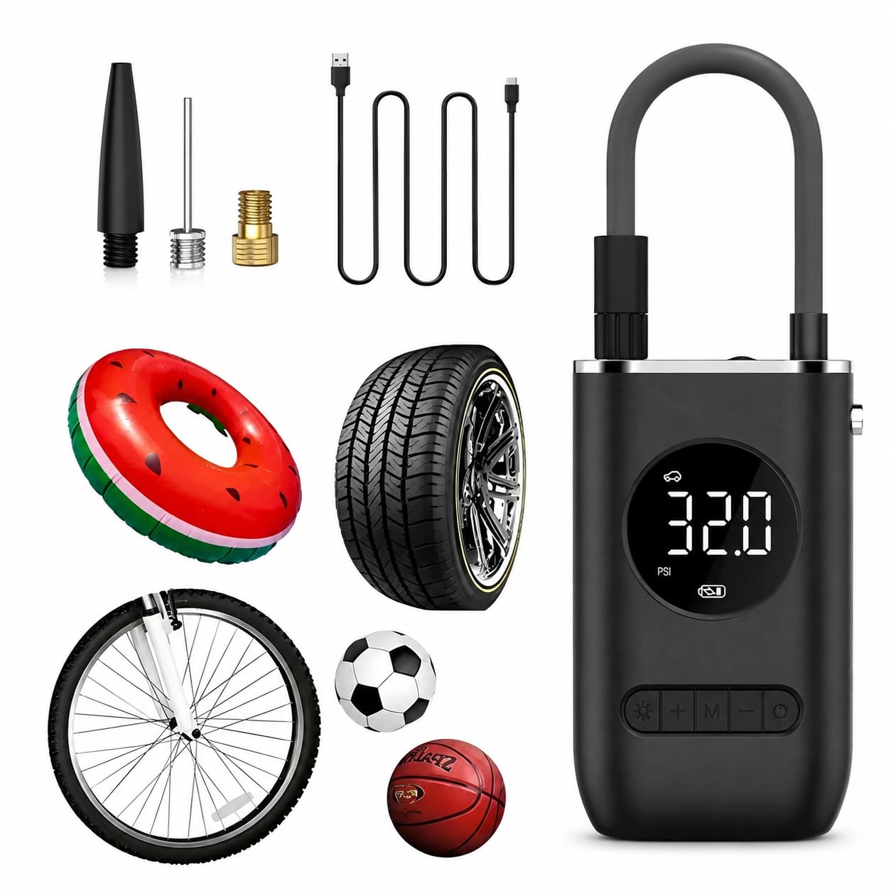 Compressor Calibrador Portátil de Ar Digital USB-C com Lanterna LED | Bomba Elétrica,