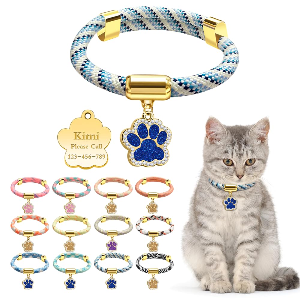 Personalized Breakaway Cat Collars with Magnetic Quick Release Buckle, Custom Engraved Name Tag for Girls & Boys Cats, Glow in The Dark Design for Outdoor Cats (Variegated Blue)