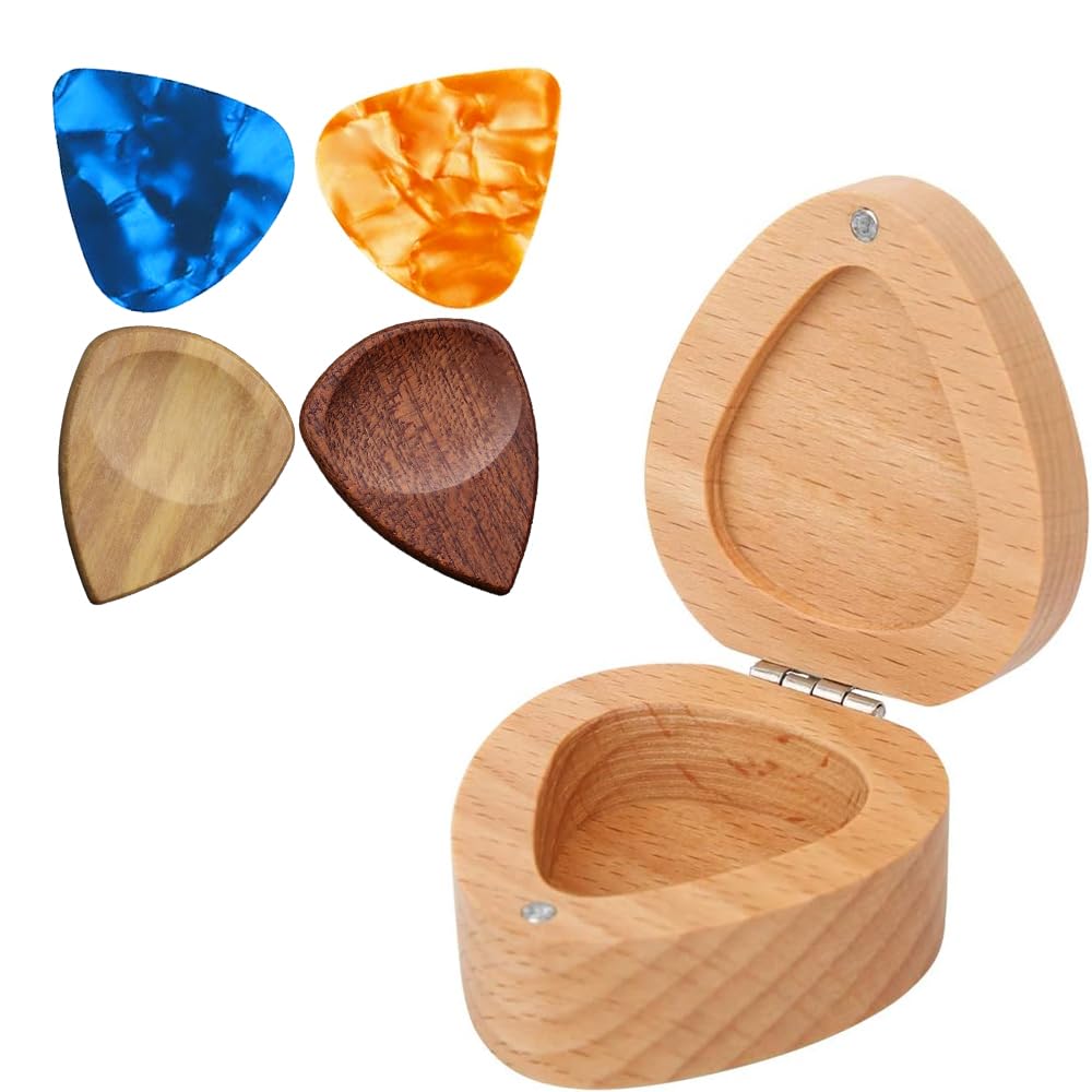 VOVCIG Heart Shape Guitar Pick Box, Wooden Storage Case for 4 Guitar Picks, Includes 4 Guitar Picks, Compact & Elegant Design, Ideal Guitar Pick Holder for Musicians