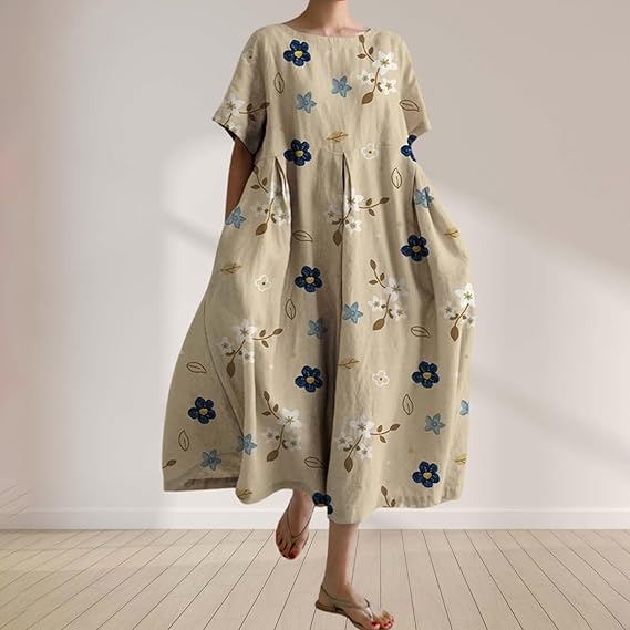 Women's Cotton Linen Maxi Dress - Flowy Sleeveless Sundress With Pockets Plus Size Available