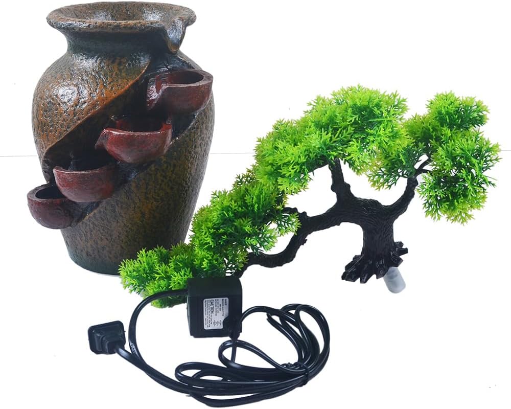 Plastic Tree Resin Trunk with Jar Rustic Fountains Waterfall Fountain with LED Light Soothing Sound Tabletop Office Home Desktop Decor