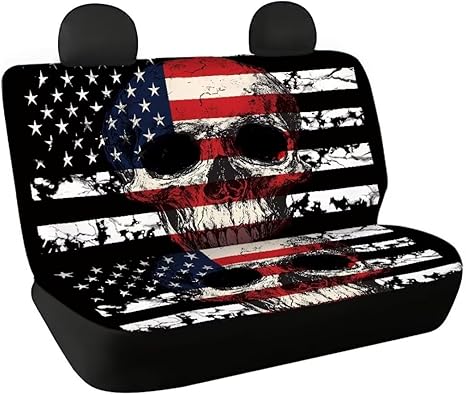 Skull USA Flag 2Pcs Rear Bench Cover,Auto Back Seat Covers, Universal Vehicles Pet Pad Mat Protective Cover Fit Most SUV Van Sedan Truck Patriotic Decor